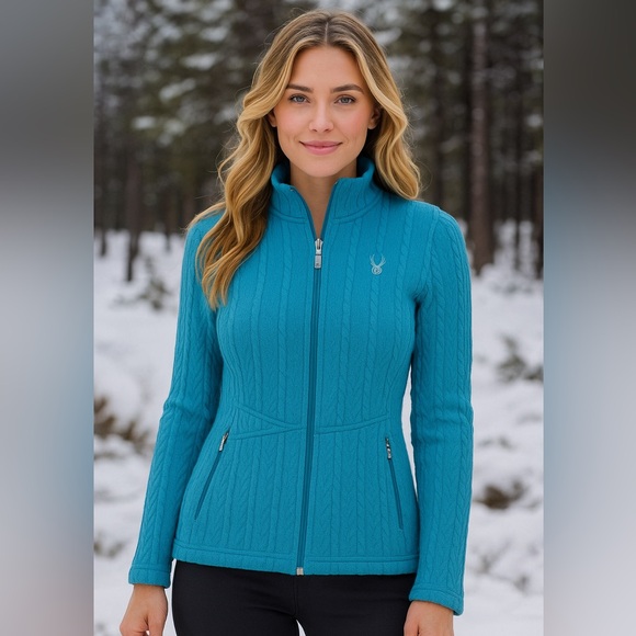 Spyder Core Sweater Cable Knit Blue Zip Up Jacket Size M EUC - Picture 1 of 9